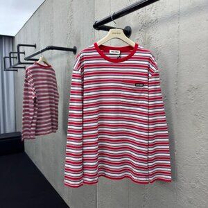 MIU MIU Women's Red Striped Long Sleeve T-Shirt